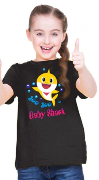 Mayawye Girls Cotton Baby Shark Half Sleeve TShirt (Black)