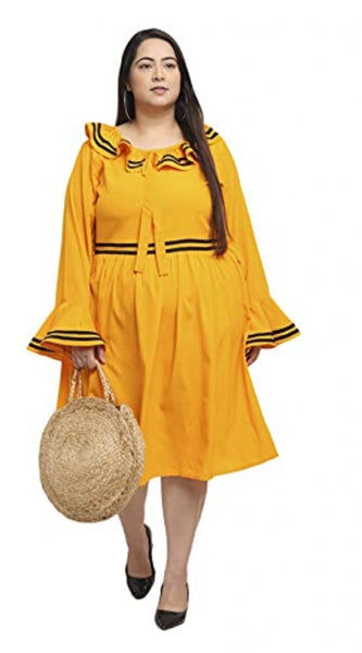 Mayawye Women's Crepe Solid Knee Length Fit and Flare Dress (Yellow)
