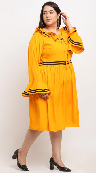 Mayawye Women's Crepe Solid Knee Length Fit and Flare Dress (Yellow)