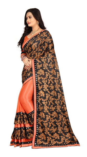 Mayawye Women's Lycra Blend Saree with Blouse (Orange, 5-6 Mtrs)