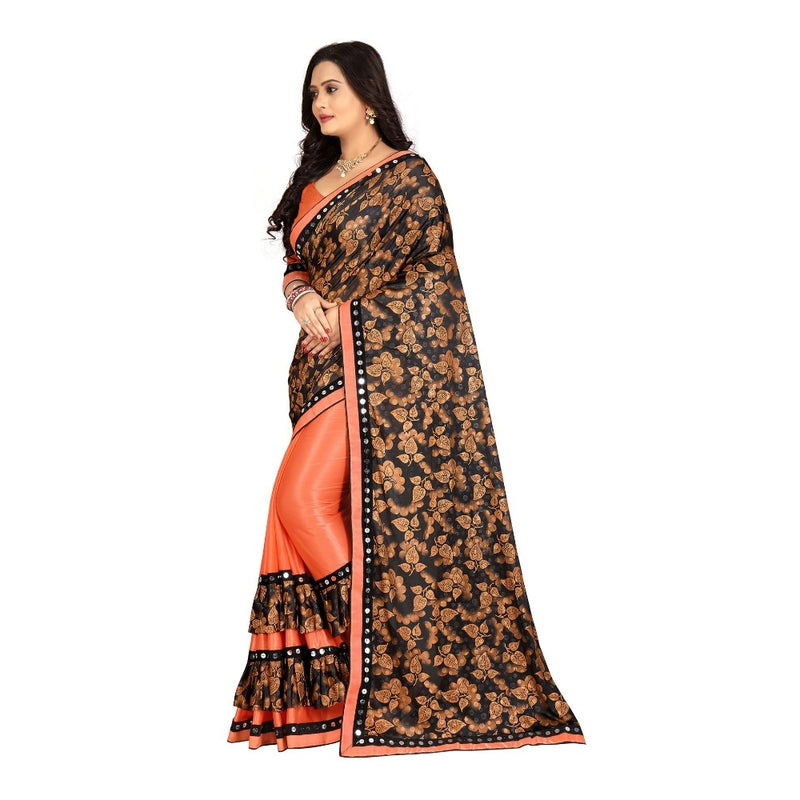 Mayawye Women's Lycra Blend Saree with Blouse (Orange, 5-6 Mtrs)