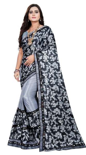 Mayawye Women's Lycra Blend Saree with Blouse (Grey, 5-6 Mtrs)