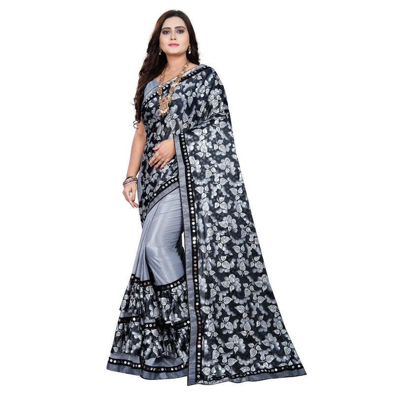 Mayawye Women's Lycra Blend Saree with Blouse (Grey, 5-6 Mtrs)
