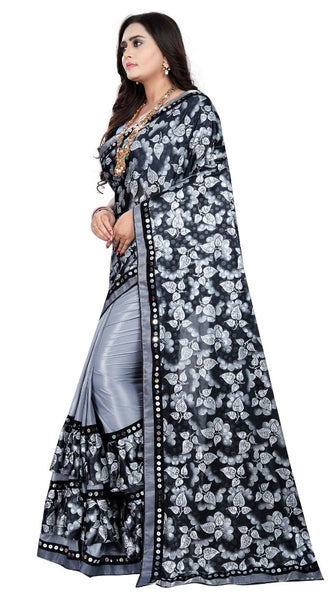 Mayawye Women's Lycra Blend Saree with Blouse (Grey, 5-6 Mtrs)
