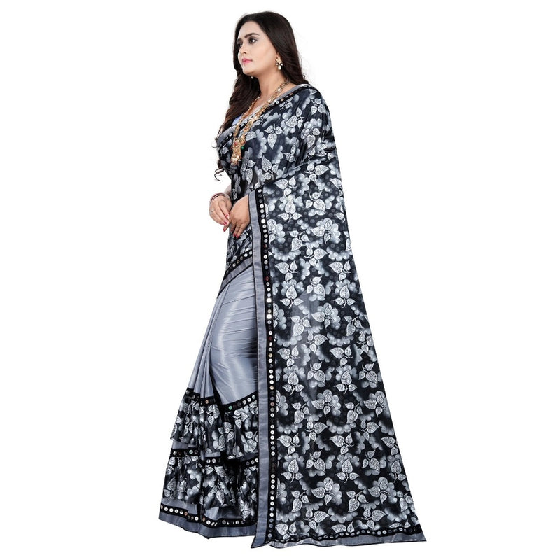 Mayawye Women's Lycra Blend Saree with Blouse (Grey, 5-6 Mtrs)