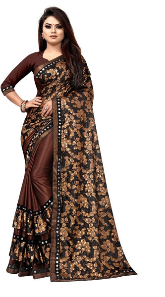 Mayawye Women's Lycra Blend Saree with Blouse (Coffee, 5-6 Mtrs)