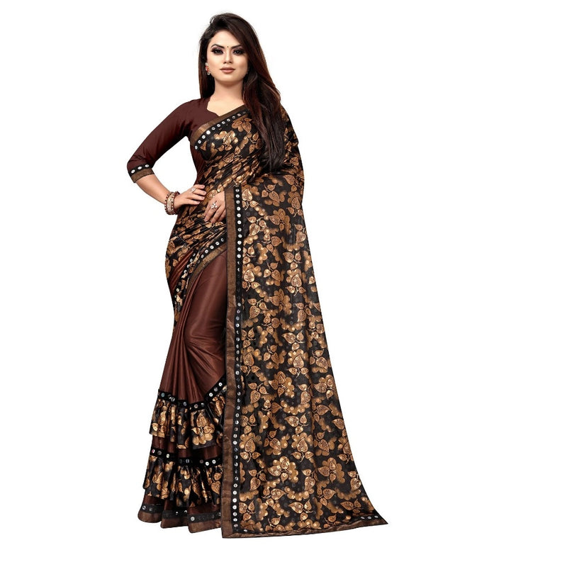 Mayawye Women's Lycra Blend Saree with Blouse (Coffee, 5-6 Mtrs)