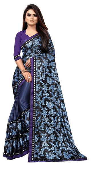 Mayawye Women's Lycra Blend Saree with Blouse (Blue, 5-6 Mtrs)