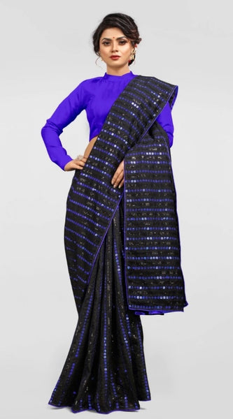 Mayawye Women's Vichitra Saree with Blouse (Blue, 5-6 Mtrs)