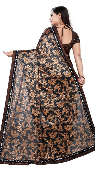 Mayawye Women's Lycra Blend Saree with Blouse (Coffee, 5-6 Mtrs)