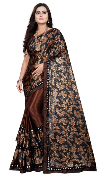 Mayawye Women's Lycra Blend Saree with Blouse (Coffee, 5-6 Mtrs)