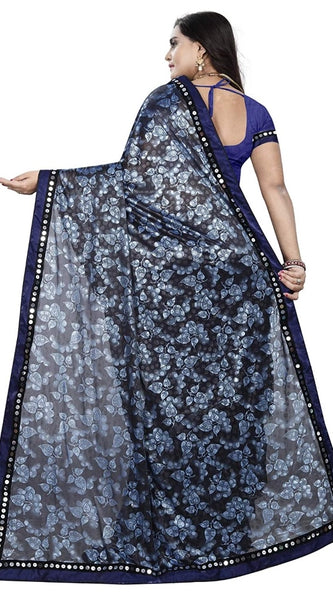 Mayawye Women's Lycra Blend Saree with Blouse (Blue, 5-6 Mtrs)