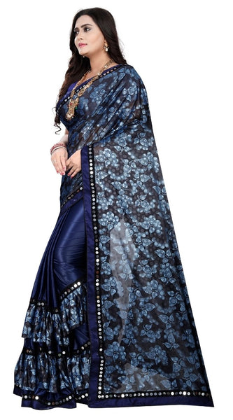 Mayawye Women's Lycra Blend Saree with Blouse (Blue, 5-6 Mtrs)