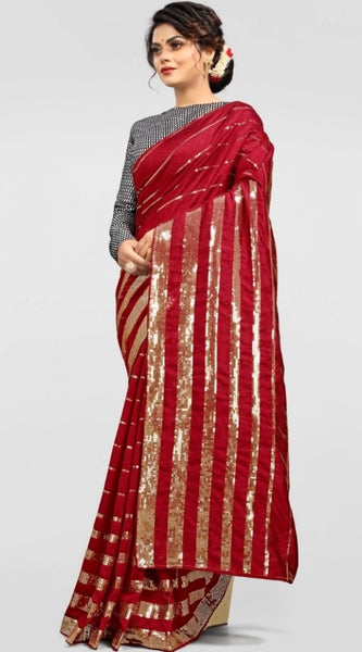 Mayawye Women's Vichitra Saree with Blouse (Red, 5-6 Mtrs)