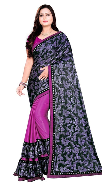 Mayawye Women's Lycra Blend Saree with Blouse (Purple, 5-6 Mtrs)
