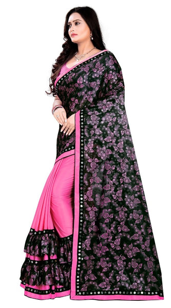 Mayawye Women's Lycra Blend Saree with Blouse (Pink, 5-6 Mtrs)