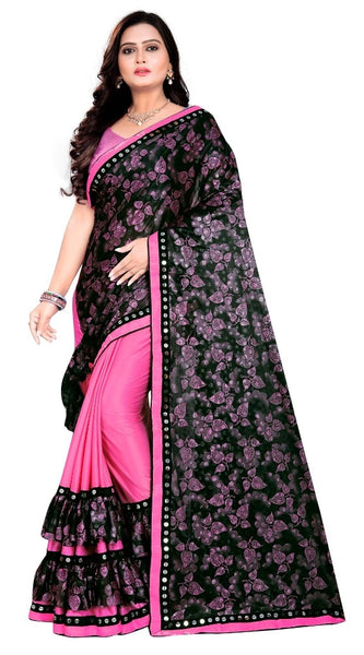 Mayawye Women's Lycra Blend Saree with Blouse (Pink, 5-6 Mtrs)