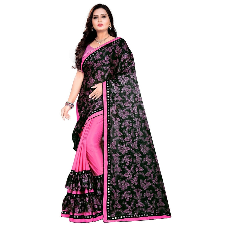 Mayawye Women's Lycra Blend Saree with Blouse (Pink, 5-6 Mtrs)