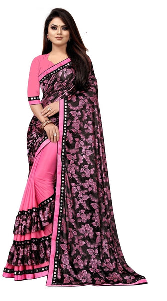 Mayawye Women's Lycra Blend Saree with Blouse (Pink, 5-6 Mtrs)