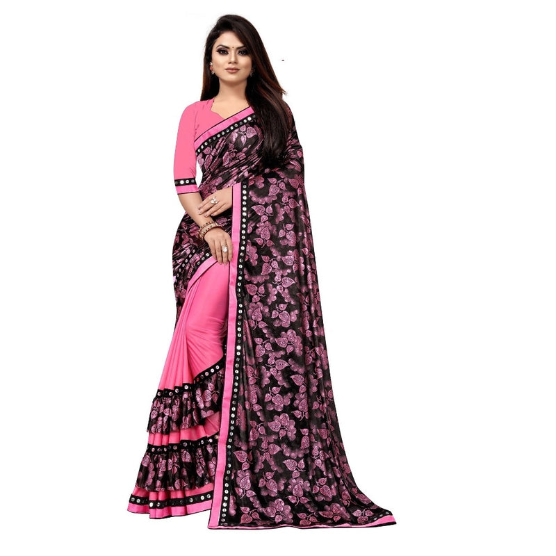 Mayawye Women's Lycra Blend Saree with Blouse (Pink, 5-6 Mtrs)