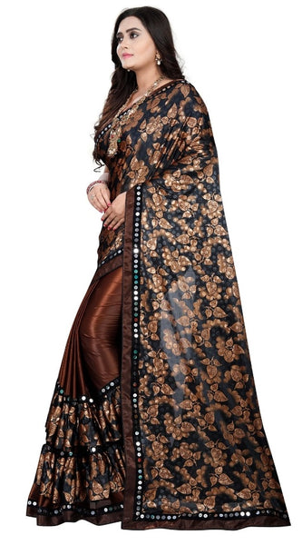 Mayawye Women's Lycra Blend Saree with Blouse (Coffee, 5-6 Mtrs)