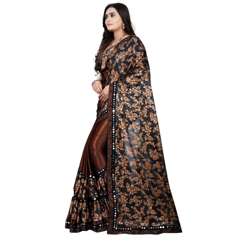Mayawye Women's Lycra Blend Saree with Blouse (Coffee, 5-6 Mtrs)