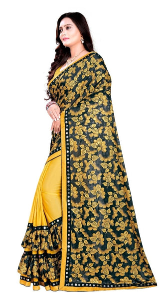 Mayawye Women's Lycra Blend Saree with Blouse (Mustard, 5-6 Mtrs)