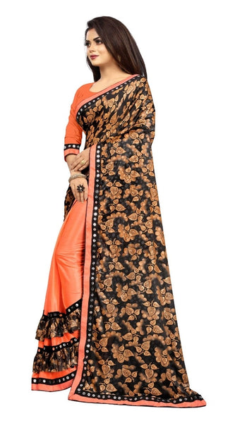 Mayawye Women's Lycra Blend Saree with Blouse (Orange, 5-6 Mtrs)