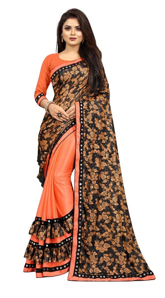 Mayawye Women's Lycra Blend Saree with Blouse (Orange, 5-6 Mtrs)