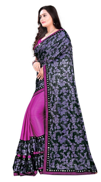 Mayawye Women's Lycra Blend Saree with Blouse (Purple, 5-6 Mtrs)