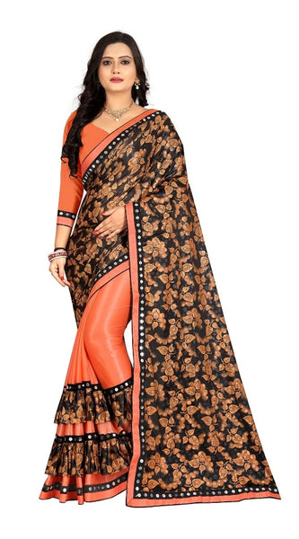 Mayawye Women's Lycra Blend Saree with Blouse (Orange, 5-6 Mtrs)