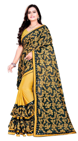 Mayawye Women's Lycra Blend Saree with Blouse (Mustard, 5-6 Mtrs)