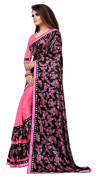 Mayawye Women's Lycra Blend Saree with Blouse (Pink, 5-6 Mtrs)