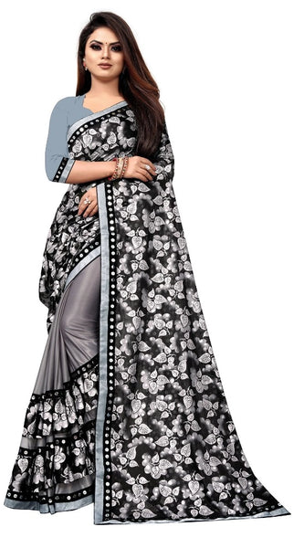 Mayawye Women's Lycra Blend Saree with Blouse (Grey, 5-6 Mtrs)