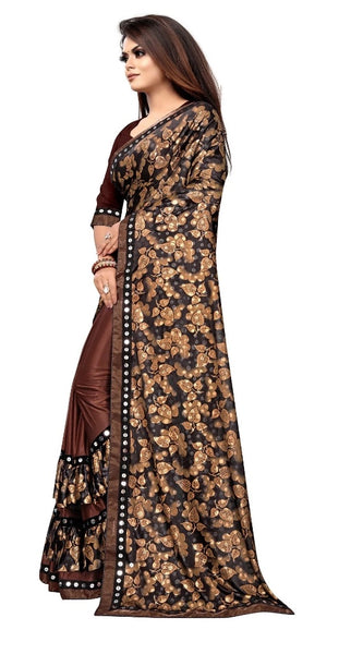 Mayawye Women's Lycra Blend Saree with Blouse (Coffee, 5-6 Mtrs)