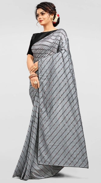 Mayawye Women's Vichitra Saree with Blouse (Grey, 5-6 Mtrs)