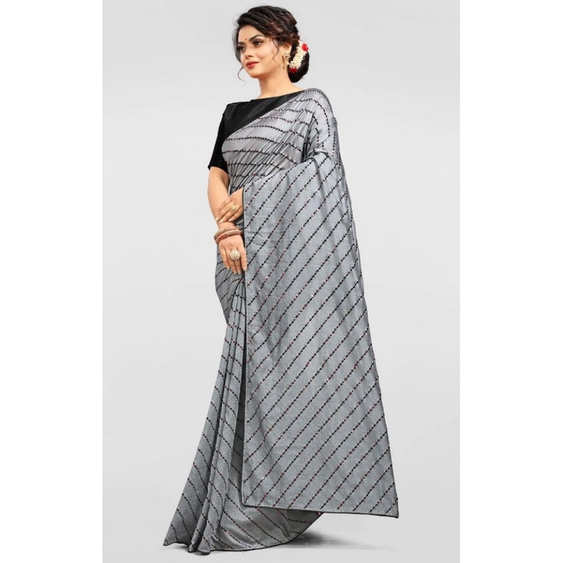 Mayawye Women's Vichitra Saree with Blouse (Grey, 5-6 Mtrs)