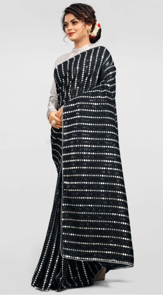 Mayawye Women's Vichitra Saree with Blouse (Silver, 5-6 Mtrs)