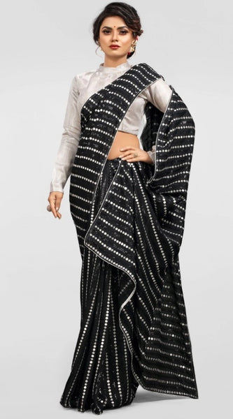 Mayawye Women's Vichitra Saree with Blouse (Silver, 5-6 Mtrs)