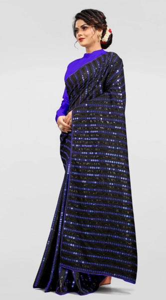 Mayawye Women's Vichitra Saree with Blouse (Blue, 5-6 Mtrs)