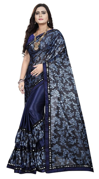 Mayawye Women's Lycra Blend Saree with Blouse (Blue, 5-6 Mtrs)
