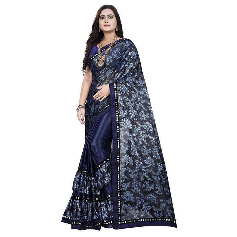 Mayawye Women's Lycra Blend Saree with Blouse (Blue, 5-6 Mtrs)