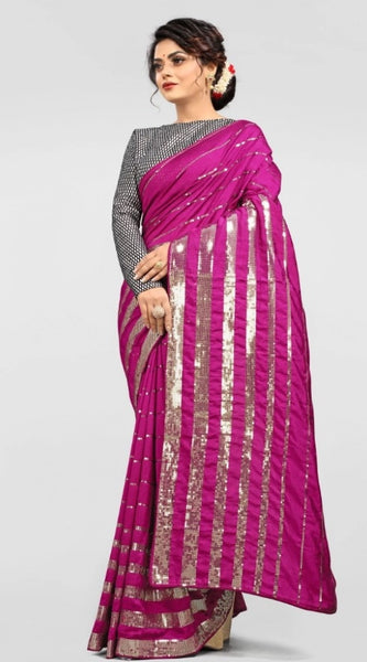 Mayawye Women's Vichitra Saree with Blouse (Pink, 5-6 Mtrs)
