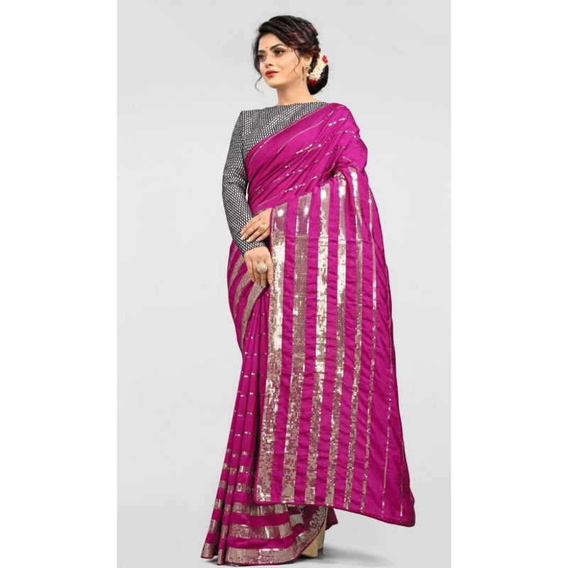 Mayawye Women's Vichitra Saree with Blouse (Pink, 5-6 Mtrs)