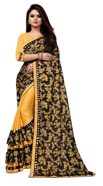 Mayawye Women's Lycra Blend Saree with Blouse (Mustard, 5-6 Mtrs)
