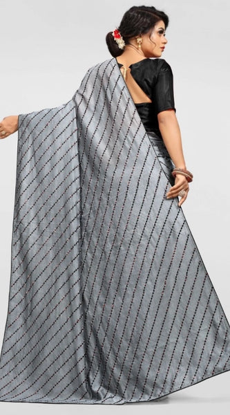 Mayawye Women's Vichitra Saree with Blouse (Grey, 5-6 Mtrs)