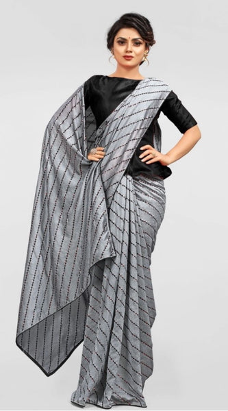 Mayawye Women's Vichitra Saree with Blouse (Grey, 5-6 Mtrs)