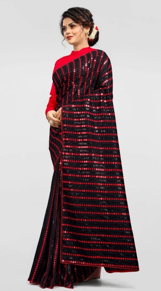 Mayawye Women's Vichitra Saree with Blouse (Red, 5-6 Mtrs)