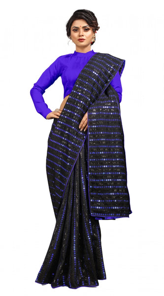 Mayawye Women's Vichitra Saree with Blouse (Blue, 5-6 Mtrs)