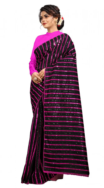 Mayawye Women's Vichitra Saree with Blouse (Pink, 5-6 Mtrs)